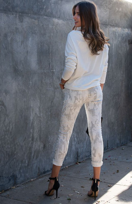 White Camoflage Crinkle Jogger with Side Detail
